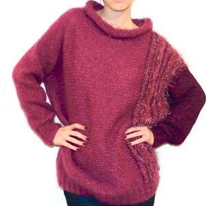 Funky handmade wool sweater with color blocked sleeve & multicolor fuzzy stripes